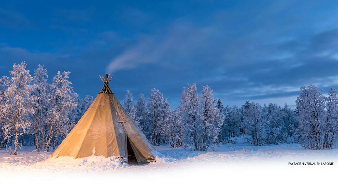 Paysage hivernal de Laponie avec une lavvu traditionnelle samie dans la forêt enneigée