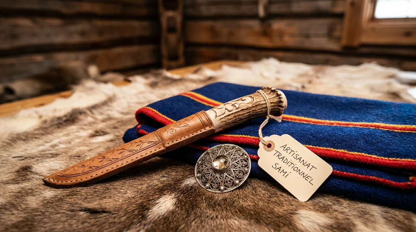 Artisanat traditionnel sami avec couteau orné, bijou en argent et textile coloré