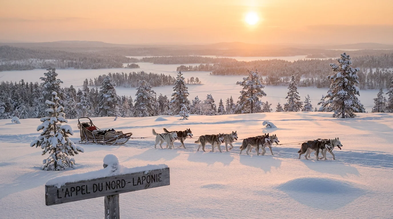 Attelage de huskies tirant un traîneau à travers les paysages enneigés de Laponie finlandaise