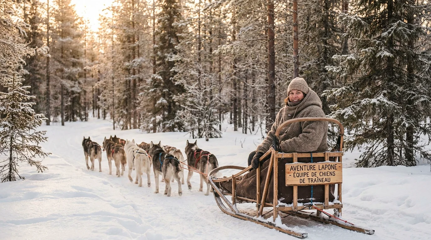 Voyageur profitant d'une balade en chiens de traîneau dans une forêt enneigée de Laponie