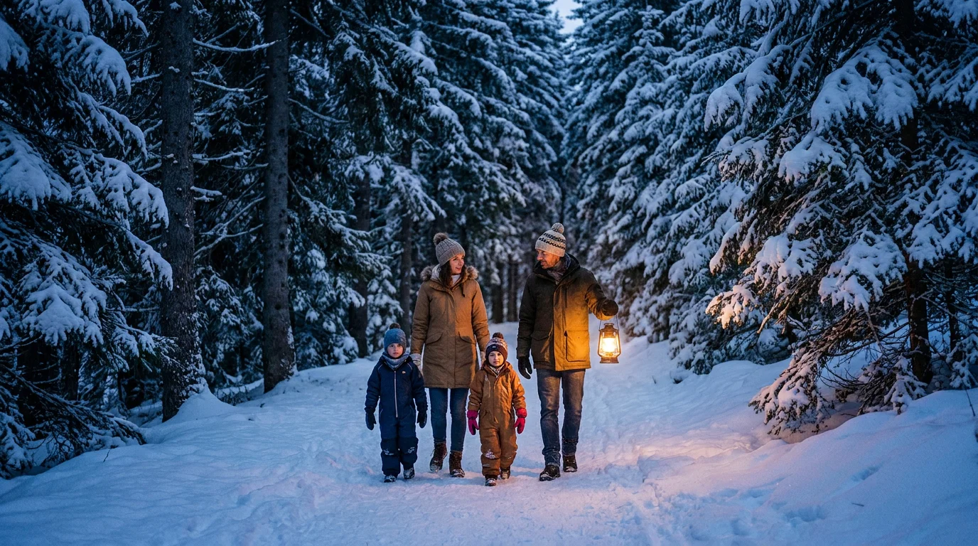 Famille marchant dans une forêt enneigée de Laponie finlandaise au crépuscule