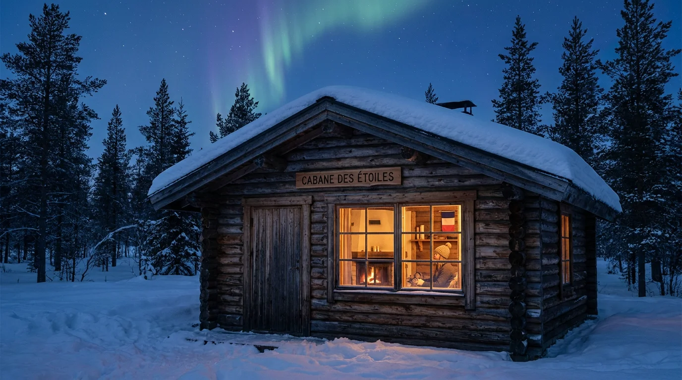 Chalet en bois enneigé en Laponie avec une lueur chaleureuse et des aurores boréales