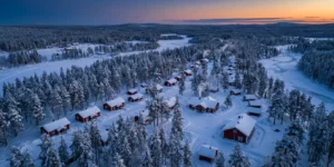 Village lapon en Laponie finlandaise en hiver avec cabanes en bois et sapins enneigés