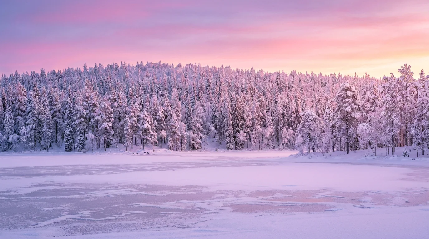 Paysage de Laponie finlandaise au coucher du soleil en hiver avec sapins enneigés et lac gelé