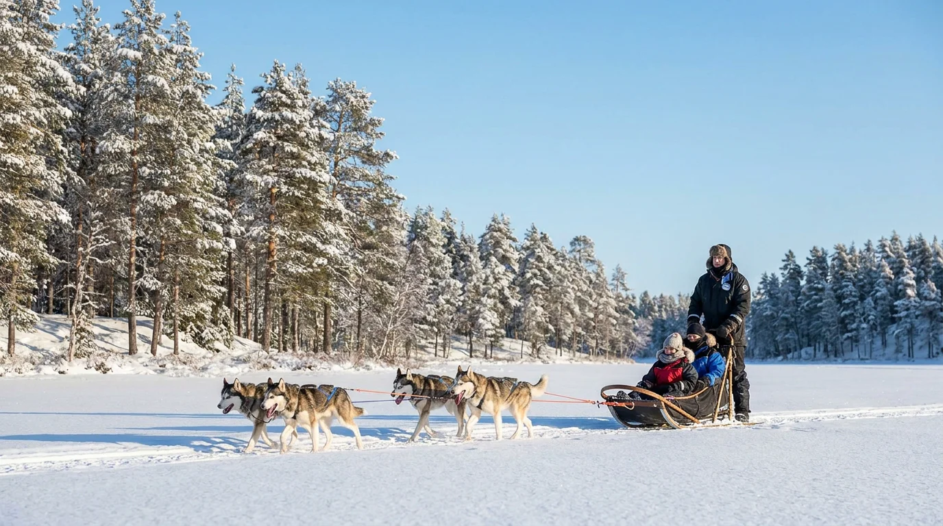 Traîneau à chiens huskies sur un lac gelé en Laponie finlandaise avec sapins enneigés