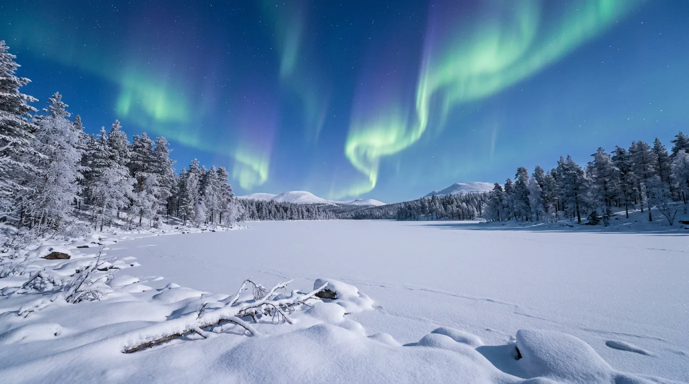 Aurores boréales au-dessus d'un lac gelé près de Levi en Laponie finlandaise