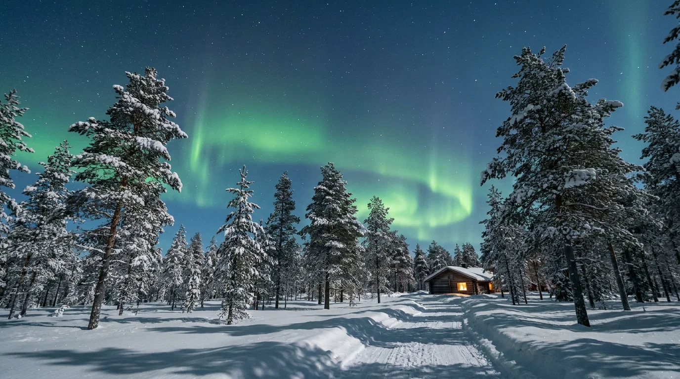 Aurores boréales au-dessus d'une forêt enneigée en Laponie finlandaise
