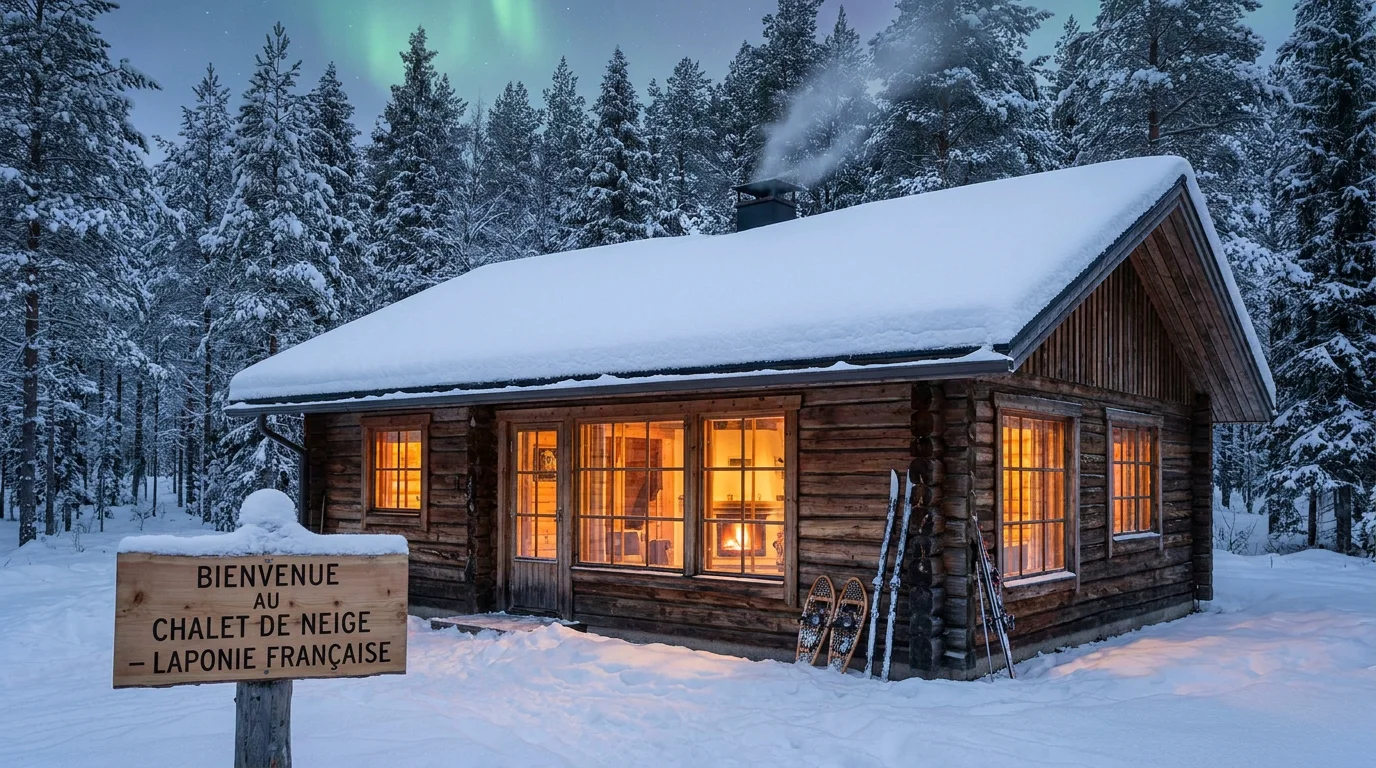 Chalet en bois traditionnel enneigé en Laponie finlandaise