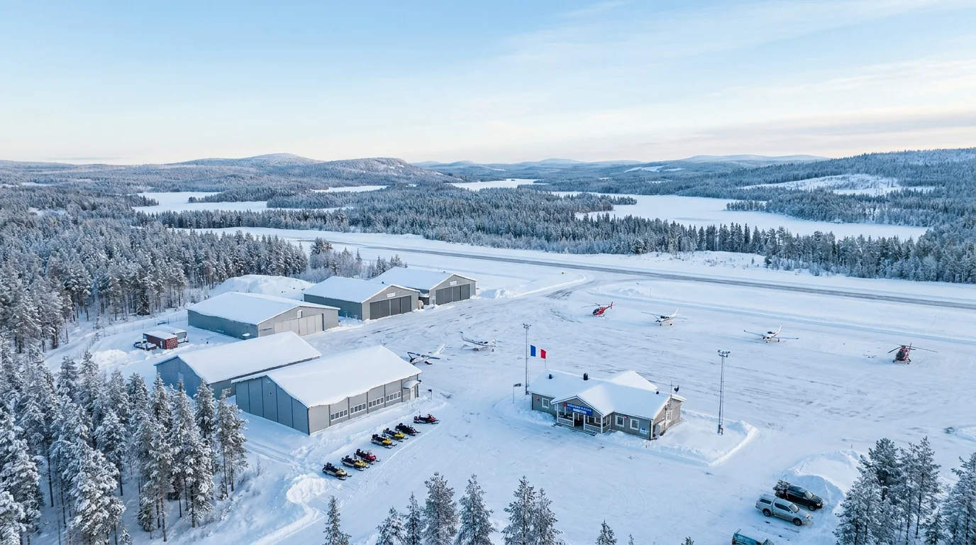 Aéroport de Laponie finlandaise entouré de forêts enneigées en hiver