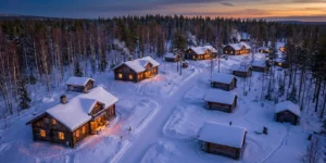 Village lapon enneigé avec chalets en bois éclairés au crépuscule hivernal