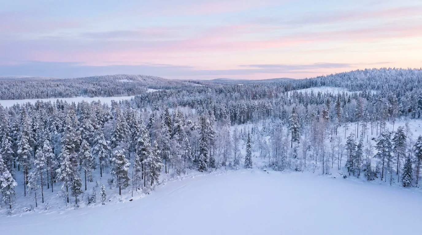 Forêt enneigée de Laponie finlandaise sous la lumière polaire hivernale