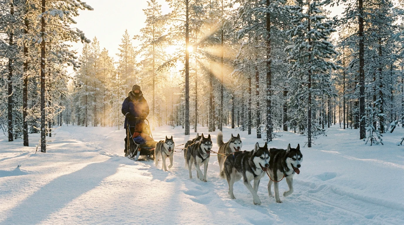 Traîneau à chiens huskies dans la forêt enneigée de Laponie finlandaise