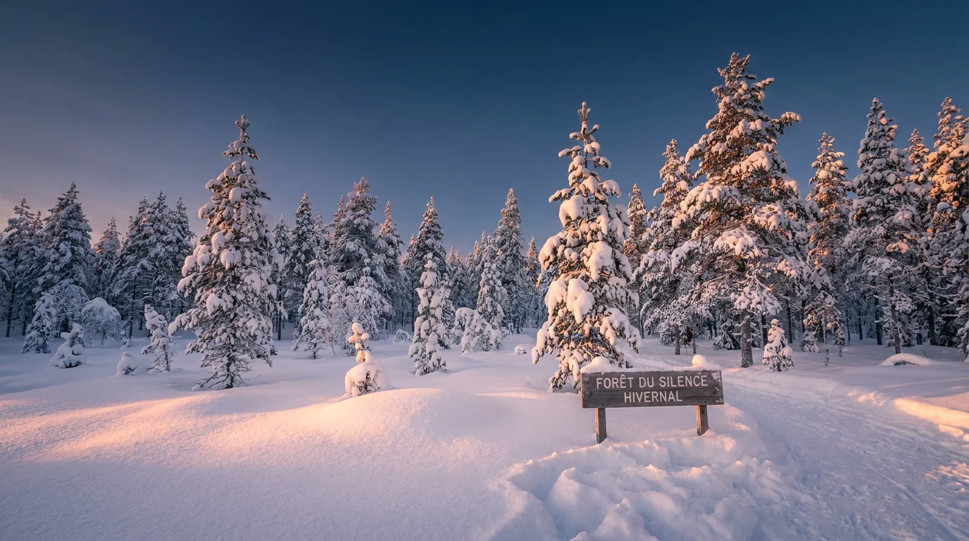 Forêt enneigée de Laponie finlandaise sous la lumière rasante de l'hiver arctique