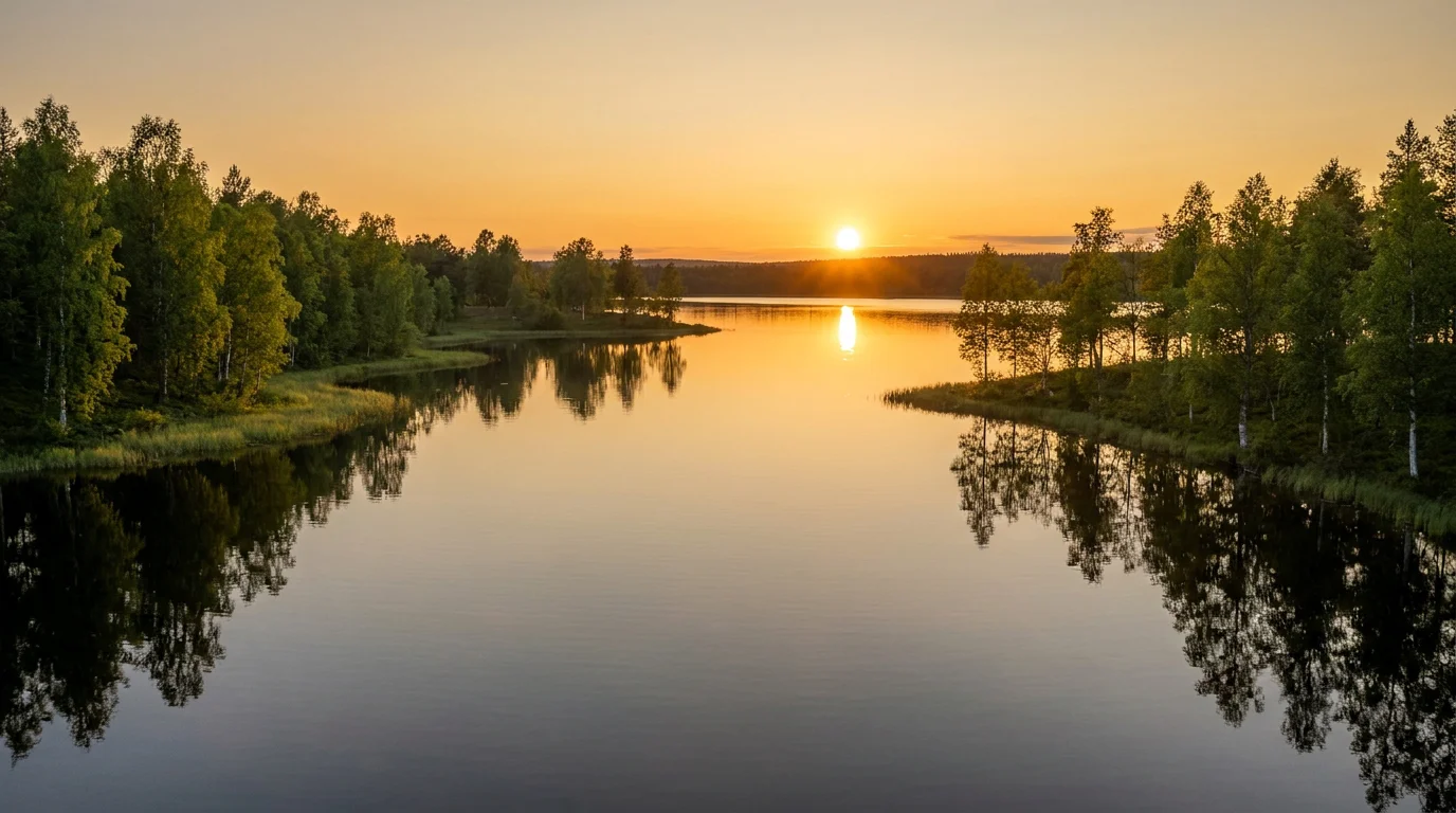 Lac de Laponie finlandaise sous le soleil de minuit en été avec reflets dorés
