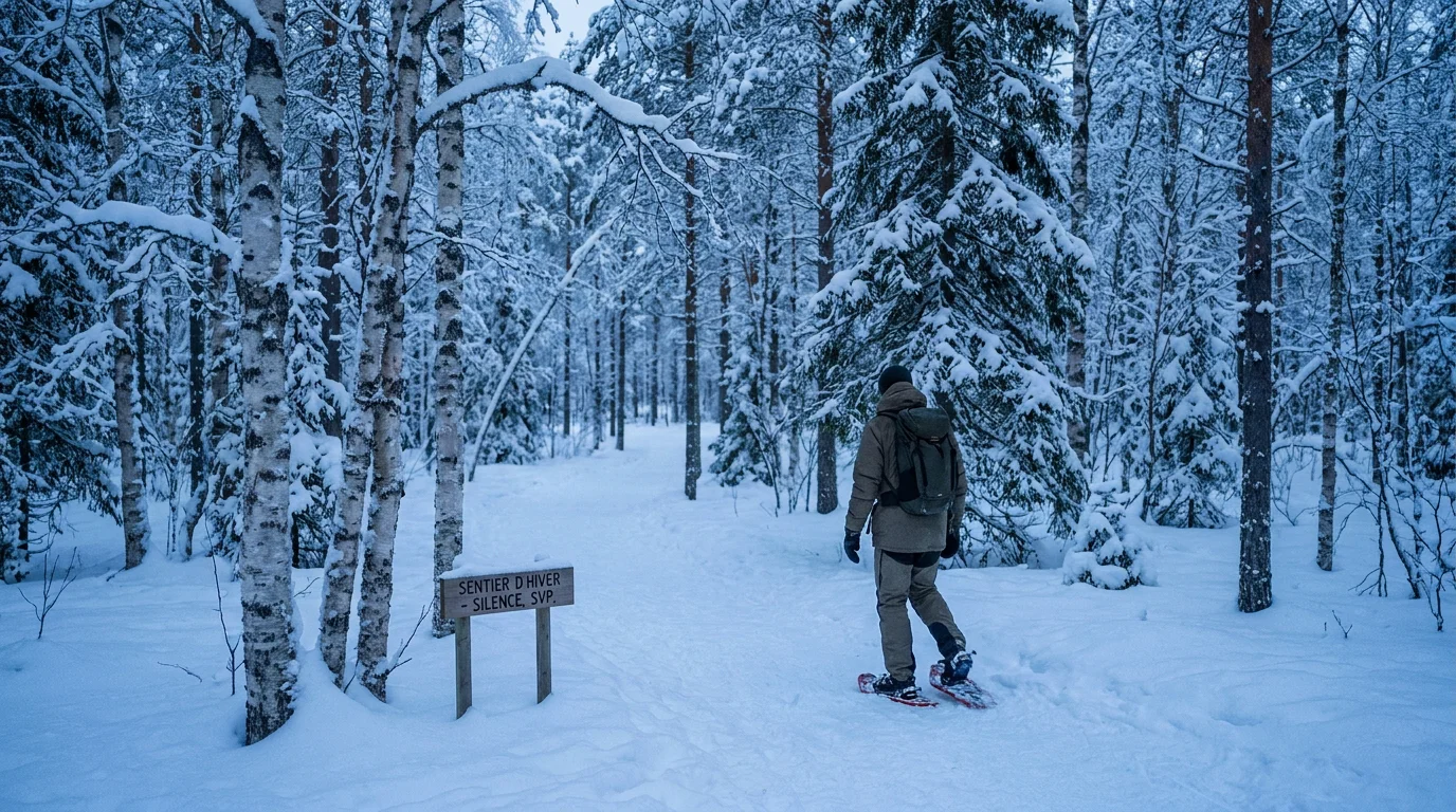 Randonnée en raquettes à neige dans une forêt enneigée de Laponie finlandaise