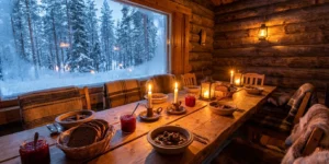 Table de dîner traditionnel en Laponie finlandaise avec ragoût de renne et pain de seigle dans un chalet en bois