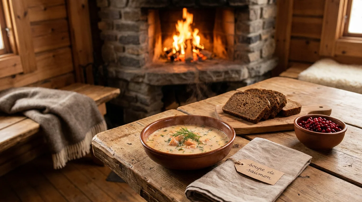 Soupe de saumon et pain de seigle servis dans un kota finlandais en Laponie