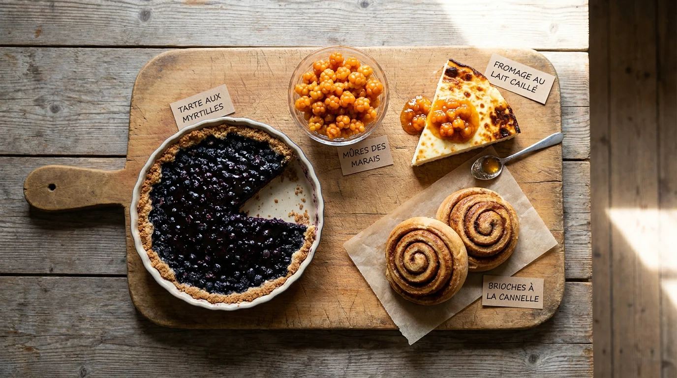Desserts traditionnels de Laponie : tarte aux myrtilles, mûres arctiques et brioches à la cannelle