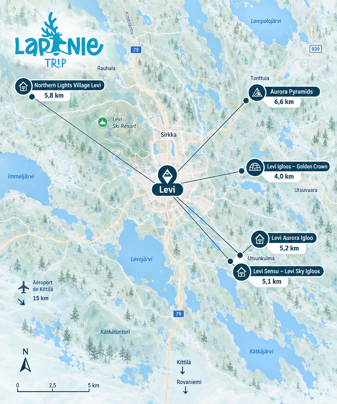 Carte des hébergements insolites pour observer les aurores boréales à Levi
