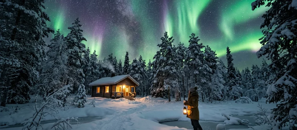 Aurores boréales au-dessus d'une forêt enneigée en Laponie finlandaise