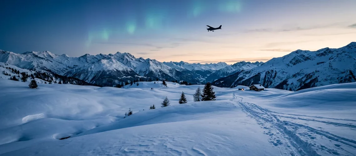 Paysage enneigé de Laponie finlandaise au crépuscule avec un avion dans le ciel