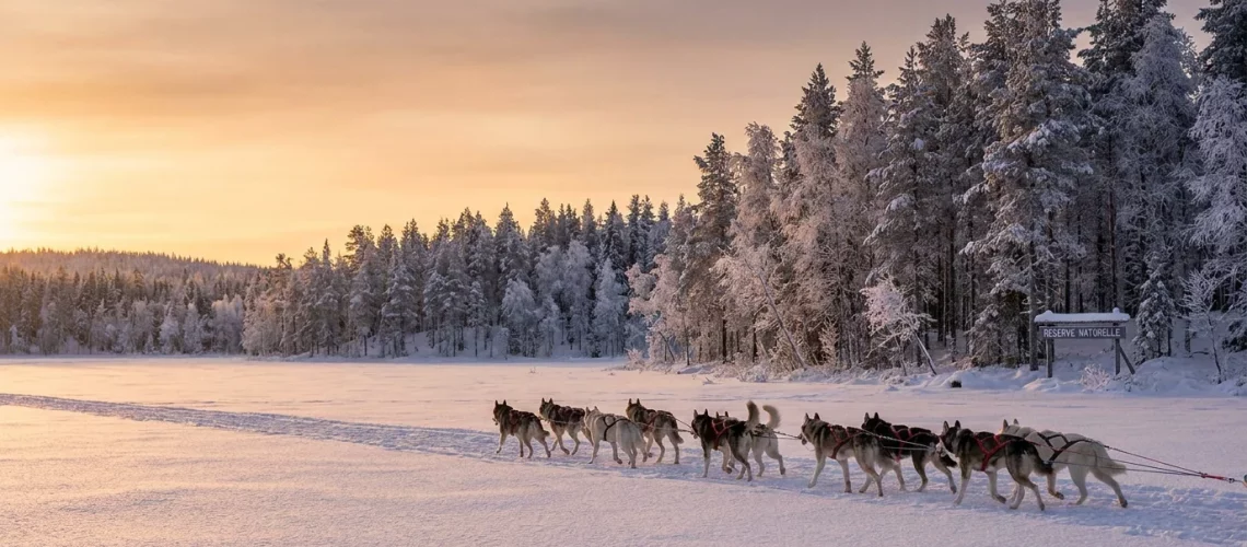 Huskies courant dans les vastes étendues enneigées de Laponie finlandaise au coucher du soleil