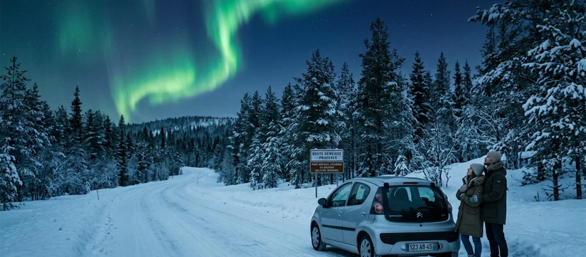 Voiture sous une aurore boréale lors d'un road trip en Laponie finlandaise