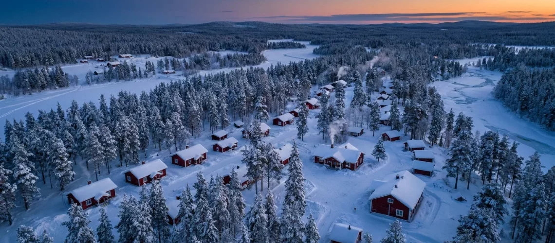 Village lapon en Laponie finlandaise en hiver avec cabanes en bois et sapins enneigés