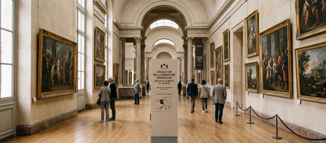 Intérieur d'un grand musée d'art avec des visiteurs et des tableaux