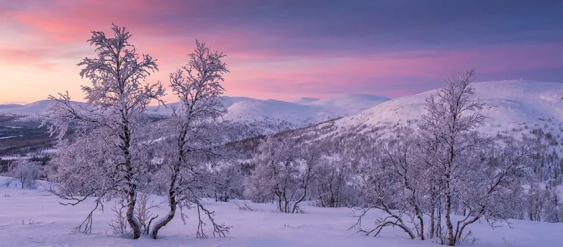 Paysage panoramique de la Laponie finlandaise en hiver avec collines enneigées et ciel crépusculaire