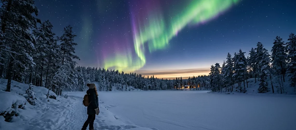 Aurore boréale au-dessus d'un lac gelé en Laponie finlandaise en hiver
