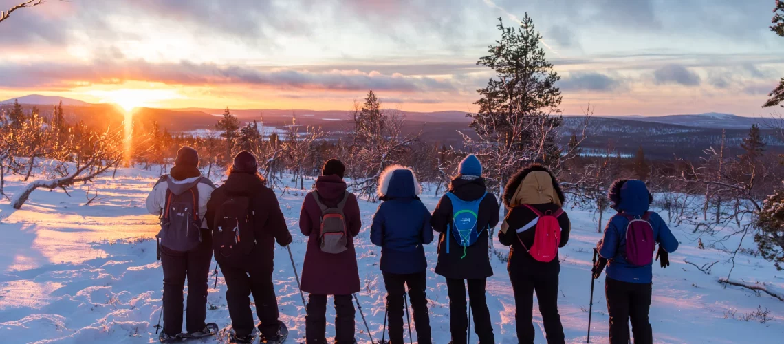 Paysage de Laponie finlandaise enneigé avec forêts de pins et lacs gelés au coucher du soleil