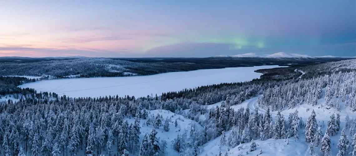 Paysage hivernal de Laponie finlandaise avec forêt enneigée et ciel polaire au crépuscule