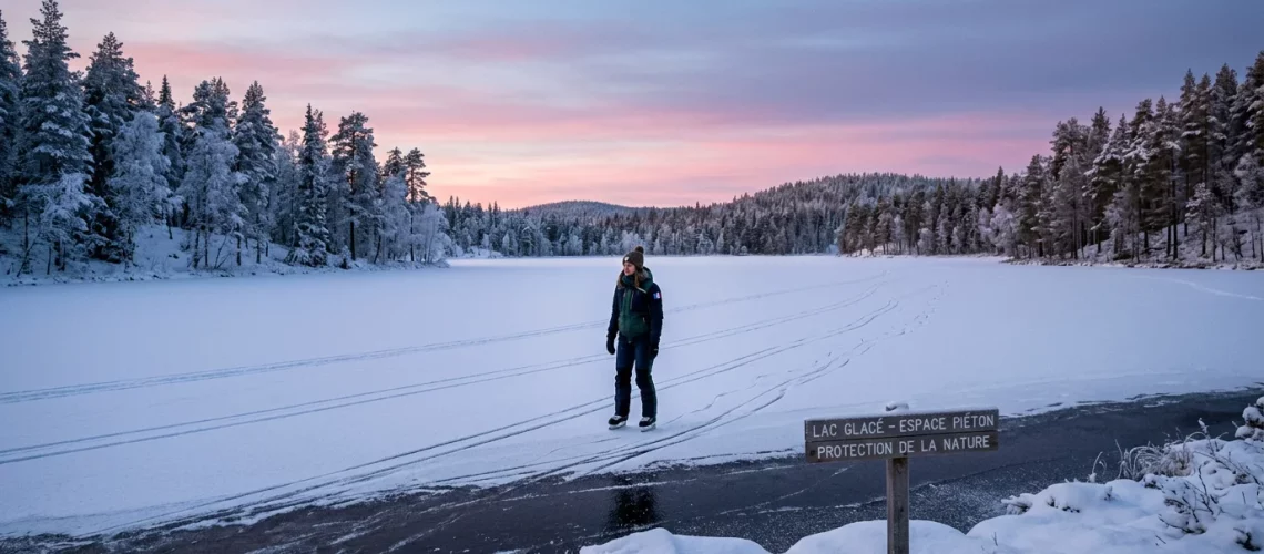 Personne patinant seule sur un lac gelé au coucher de soleil en Laponie finlandaise