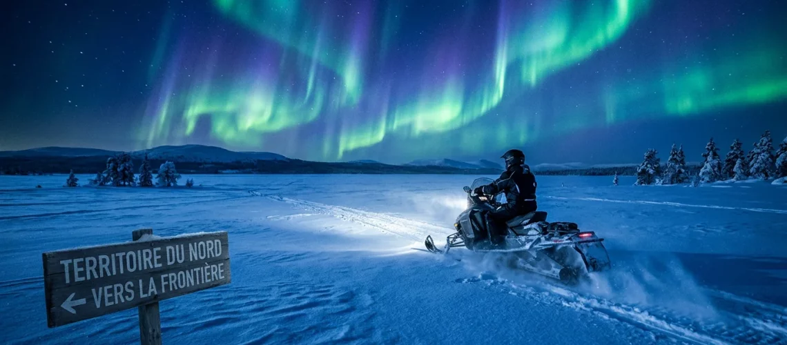 Motoneige traversant une plaine enneigée sous une aurore boréale en Laponie finlandaise