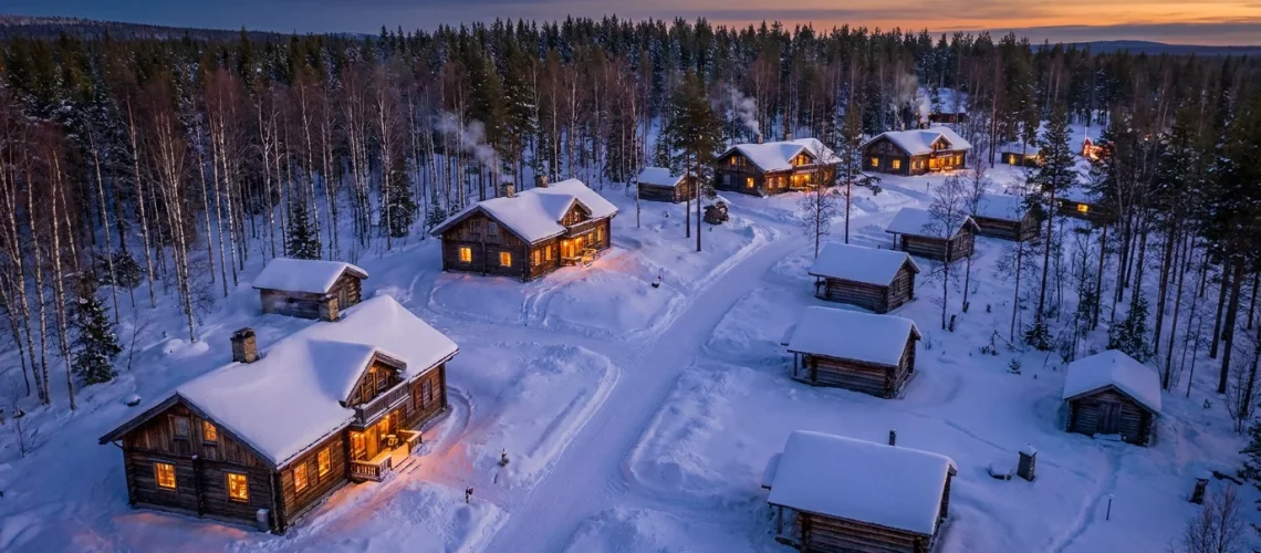 Village lapon enneigé avec chalets en bois éclairés au crépuscule hivernal