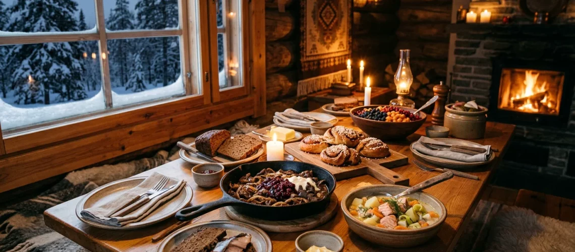 Table traditionnelle lapone garnie de plats finlandais et de baies arctiques