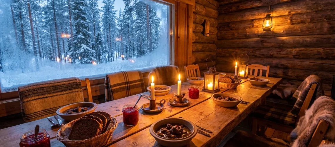 Table de dîner traditionnel en Laponie finlandaise avec ragoût de renne et pain de seigle dans un chalet en bois