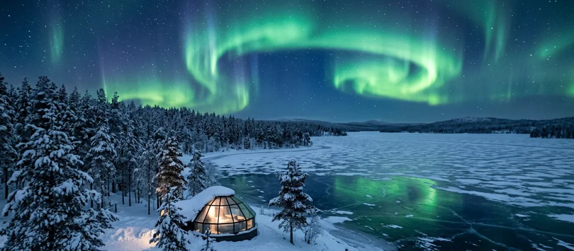 Aurore boréale verte au-dessus d'un igloo de verre en Laponie finlandaise
